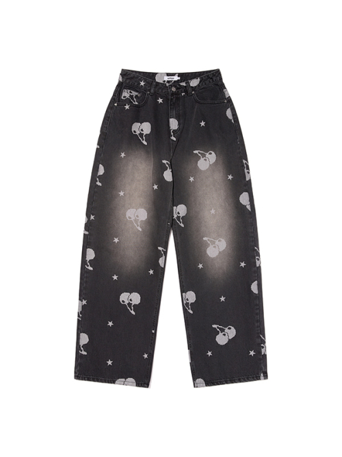 CHERRY ALL-OVER WIDE-FIT DENIM PANTS(BLACK)