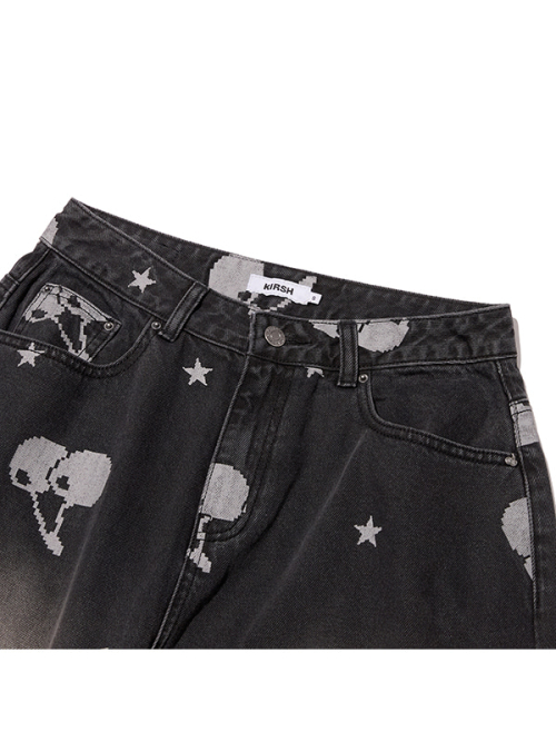 CHERRY ALL-OVER WIDE-FIT DENIM PANTS(BLACK)