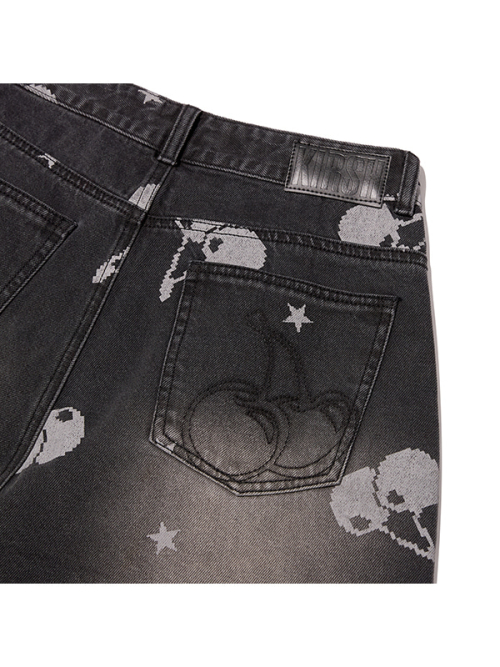 CHERRY ALL-OVER WIDE-FIT DENIM PANTS(BLACK)