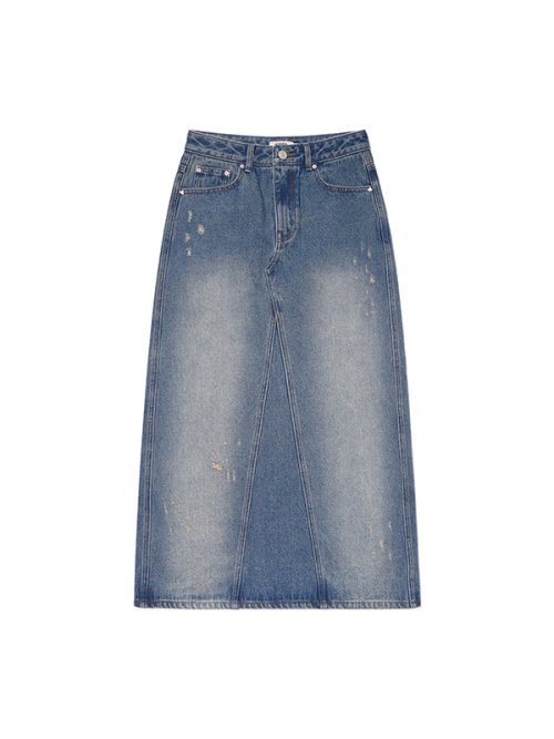 DAMAGE MAXI DENIM SKIRT(BLUE)