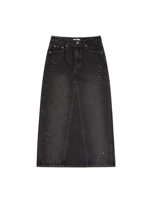 DAMAGE MAXI DENIM SKIRT(BLACK)