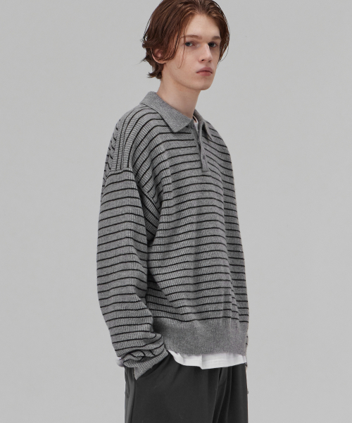Oversized striped collar knit soft touch gray