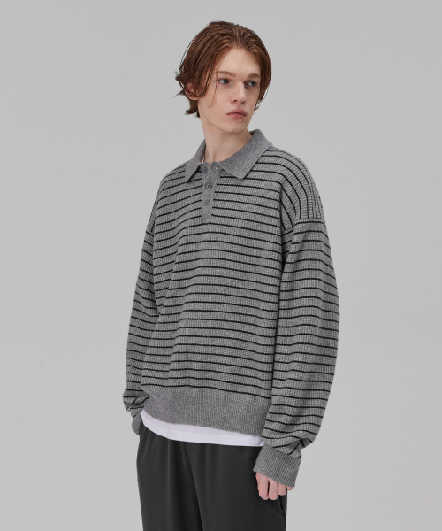 Oversized striped collar knit soft touch gray
