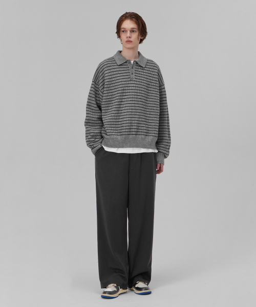 Oversized striped collar knit soft touch gray