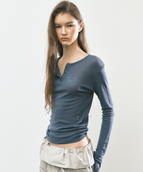 BUTTERFLY HENLEYNECK SLEEVE TOP_DUSTY BLUE
