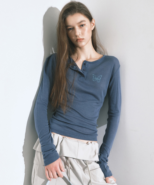 BUTTERFLY HENLEYNECK SLEEVE TOP_DUSTY BLUE