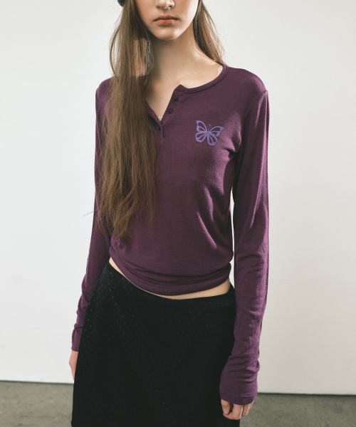 BUTTERFLY HENLEYNECK SLEEVE TOP_PURPLE