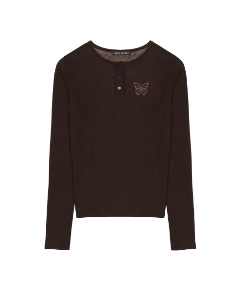 BUTTERFLY HENLEYNECK SLEEVE TOP_BROWN