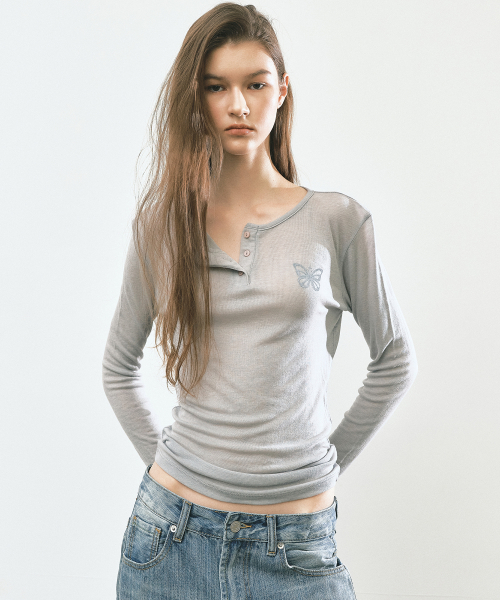 BUTTERFLY HENLEYNECK SLEEVE TOP_GRAY