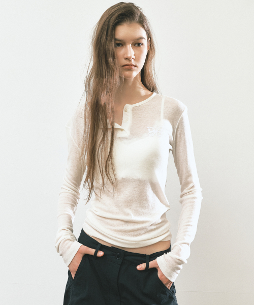 BUTTERFLY HENLEYNECK SLEEVE TOP_IVORY