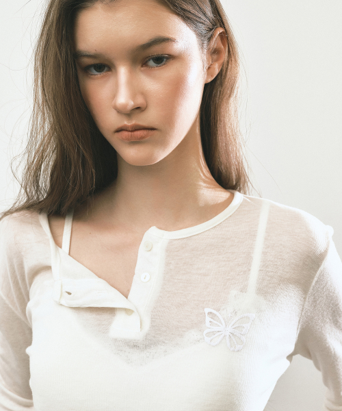 BUTTERFLY HENLEYNECK SLEEVE TOP_IVORY