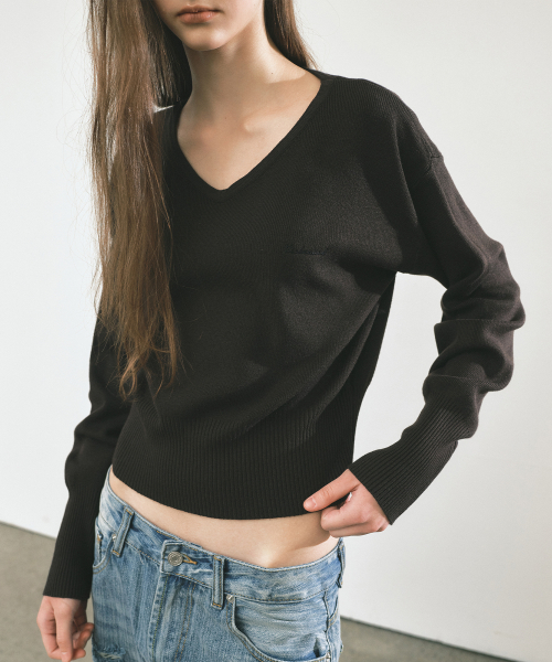 V NECK RIB KNIT TOP_BROWN