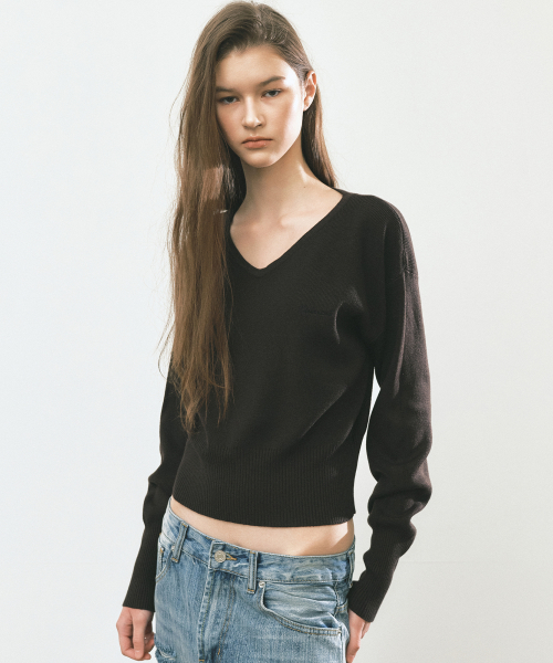 V NECK RIB KNIT TOP_BROWN