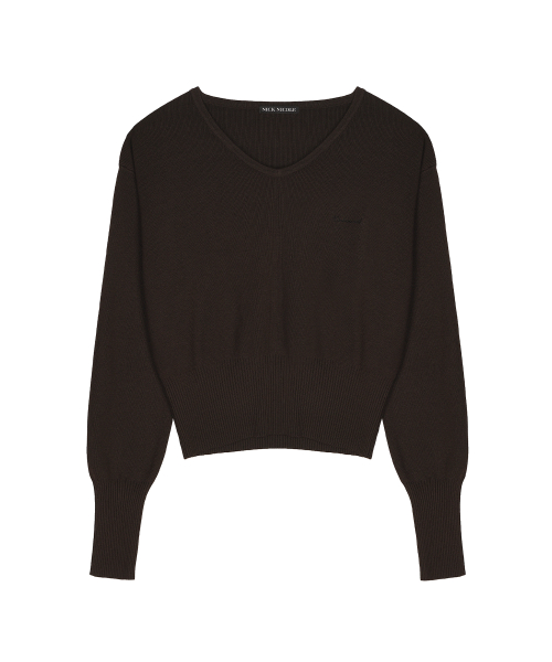 V NECK RIB KNIT TOP_BROWN