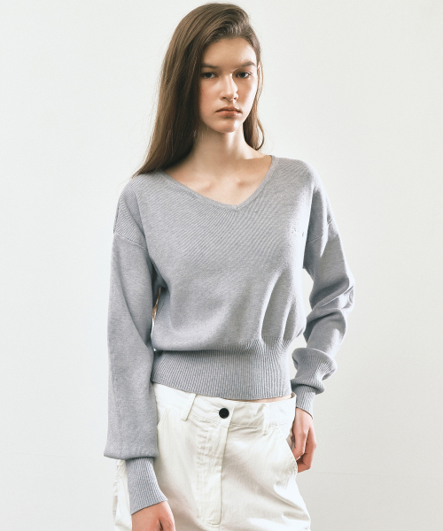V NECK RIB KNIT TOP_GRAY