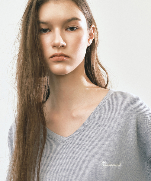 V NECK RIB KNIT TOP_GRAY