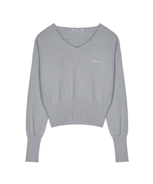 V NECK RIB KNIT TOP_GRAY