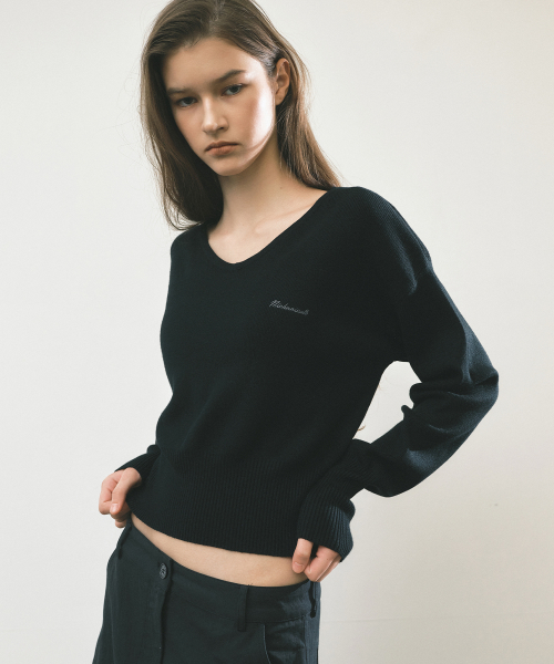 V NECK RIB KNIT TOP_BLACK