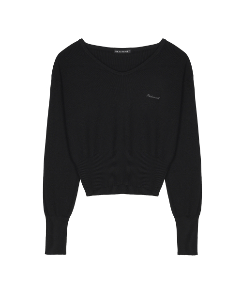 V NECK RIB KNIT TOP_BLACK