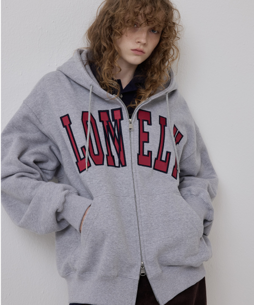 LONELY/LOVELY FLUFF HOODIE ZIP-UP GRAY RED