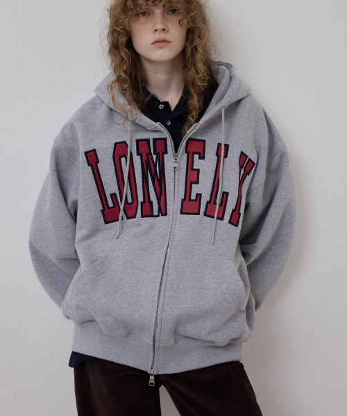 LONELY/LOVELY FLUFF HOODIE ZIP-UP GRAY RED