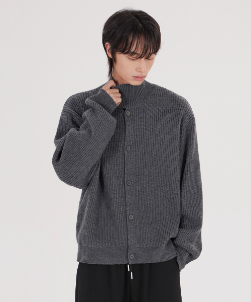 Unisex High-Neck Button Knit Cardigans Charcoal