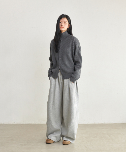 Unisex High-Neck Button Knit Cardigans Charcoal