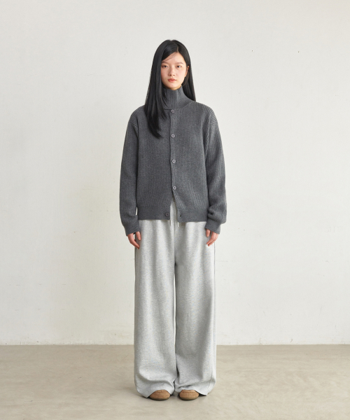 Unisex High-Neck Button Knit Cardigans Charcoal