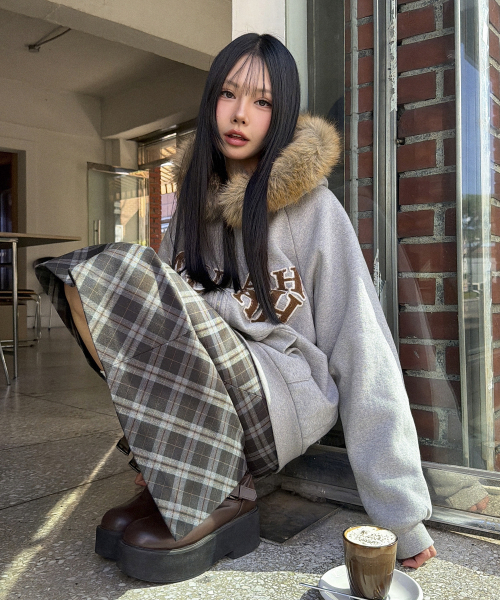 APPLIQUE RAGLAN FUR HOOD ZIPUP [MELANGE]