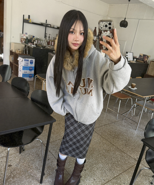 APPLIQUE RAGLAN FUR HOOD ZIPUP [MELANGE]