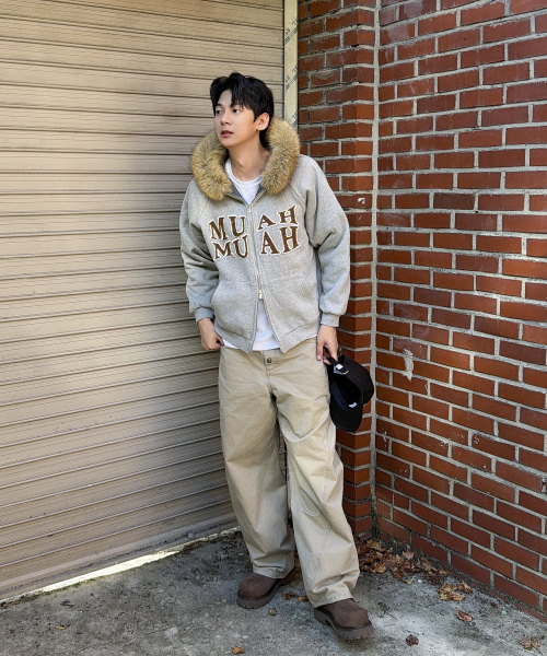 APPLIQUE RAGLAN FUR HOOD ZIPUP [MELANGE]