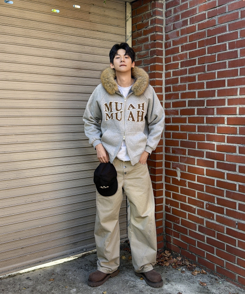 APPLIQUE RAGLAN FUR HOOD ZIPUP [MELANGE]