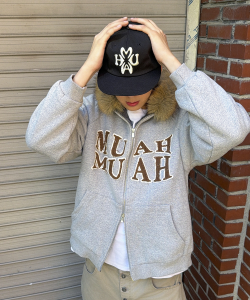 APPLIQUE RAGLAN FUR HOOD ZIPUP [MELANGE]