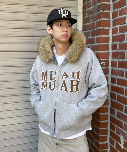 APPLIQUE RAGLAN FUR HOOD ZIPUP [MELANGE]