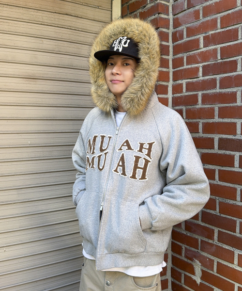 APPLIQUE RAGLAN FUR HOOD ZIPUP [MELANGE]