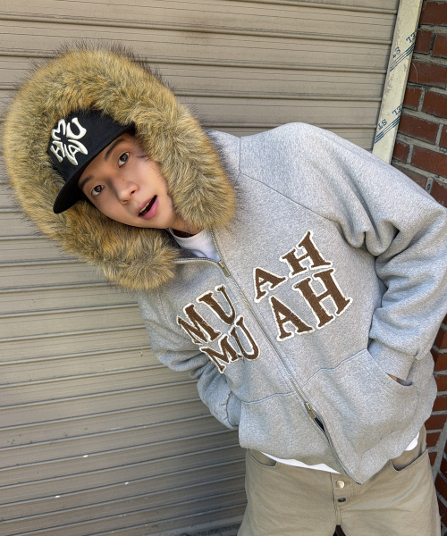 APPLIQUE RAGLAN FUR HOOD ZIPUP [MELANGE]