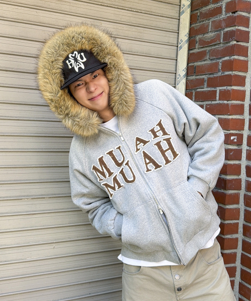 APPLIQUE RAGLAN FUR HOOD ZIPUP [MELANGE]