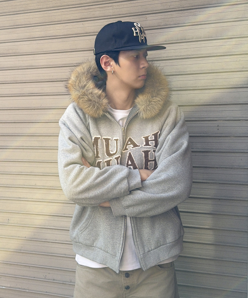 APPLIQUE RAGLAN FUR HOOD ZIPUP [MELANGE]