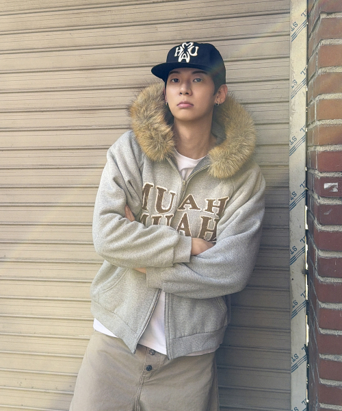 APPLIQUE RAGLAN FUR HOOD ZIPUP [MELANGE]