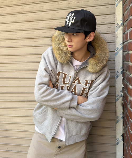 APPLIQUE RAGLAN FUR HOOD ZIPUP [MELANGE]
