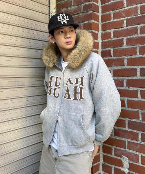 APPLIQUE RAGLAN FUR HOOD ZIPUP [MELANGE]