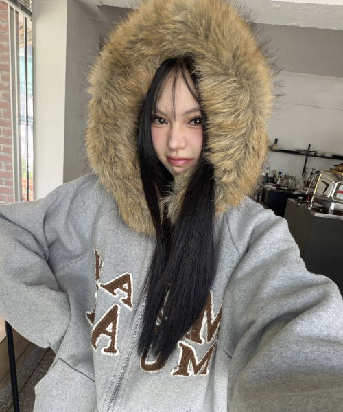 APPLIQUE RAGLAN FUR HOOD ZIPUP [MELANGE]