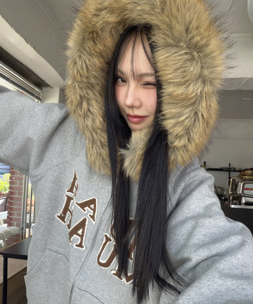 APPLIQUE RAGLAN FUR HOOD ZIPUP [MELANGE]