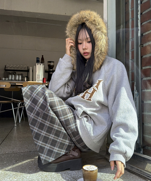 APPLIQUE RAGLAN FUR HOOD ZIPUP [MELANGE]