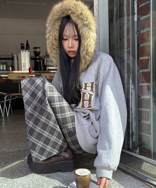 APPLIQUE RAGLAN FUR HOOD ZIPUP [MELANGE]