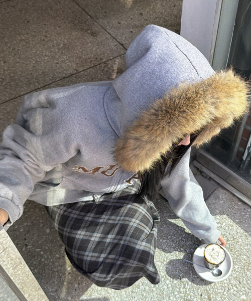 APPLIQUE RAGLAN FUR HOOD ZIPUP [MELANGE]