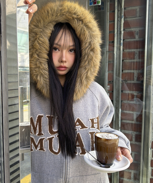 APPLIQUE RAGLAN FUR HOOD ZIPUP [MELANGE]