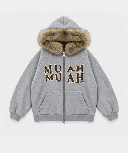 APPLIQUE RAGLAN FUR HOOD ZIPUP [MELANGE]