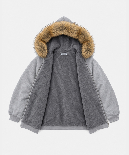 APPLIQUE RAGLAN FUR HOOD ZIPUP [MELANGE]