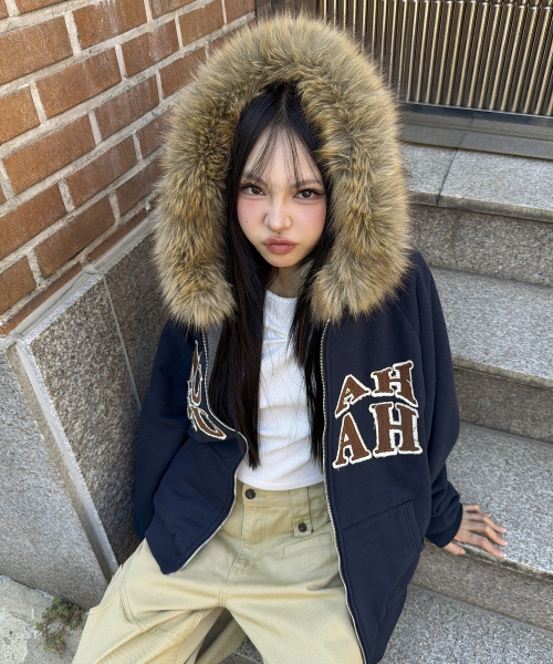 APPLIQUE RAGLAN FUR HOOD ZIPUP [NAVY]